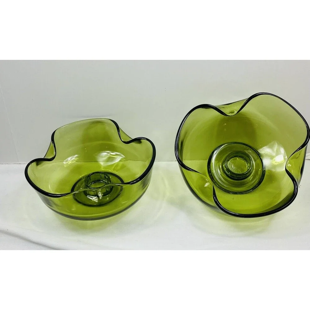 2 Vintage MCM Viking Glass Folded Candlestick Holders Green